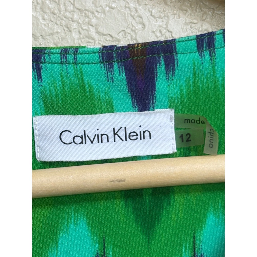 Calvin Klein Green Blue Ikat Chevron Faux Wrap Dress Size 12 Short Sleeve - Picture 6 of 6
